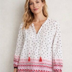 Boden Emma Gauzy Peasant V Neck With Tie White Floral Shirt Size 8